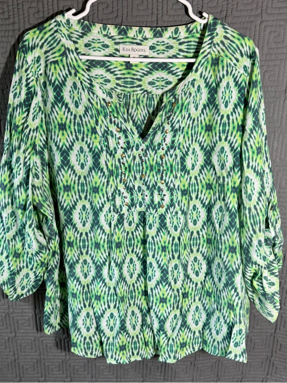 Kim Rogers Blouse Women’s XL V-Neck Green Long Sleeve Geometric